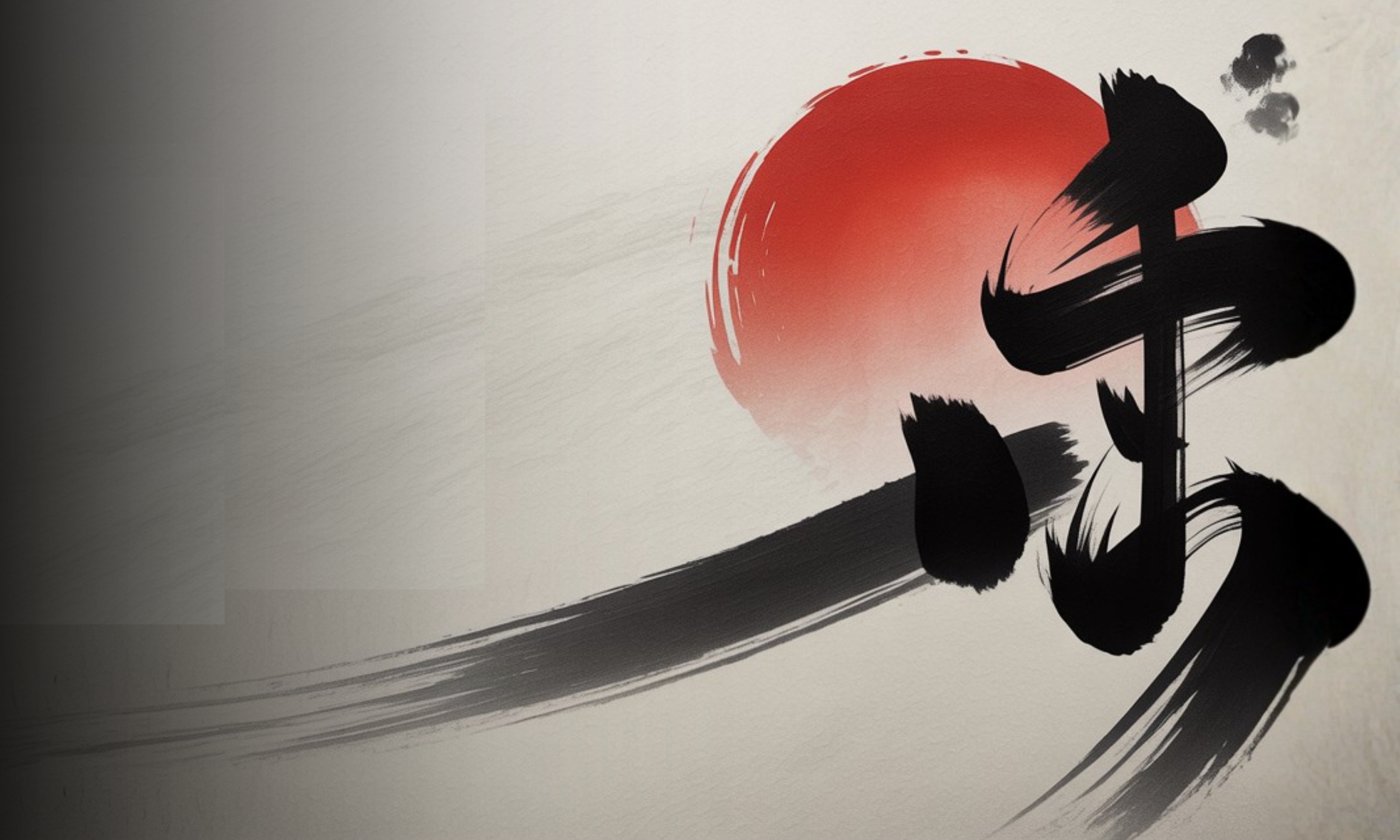 Japanese calligraphy brush strokes with red sun